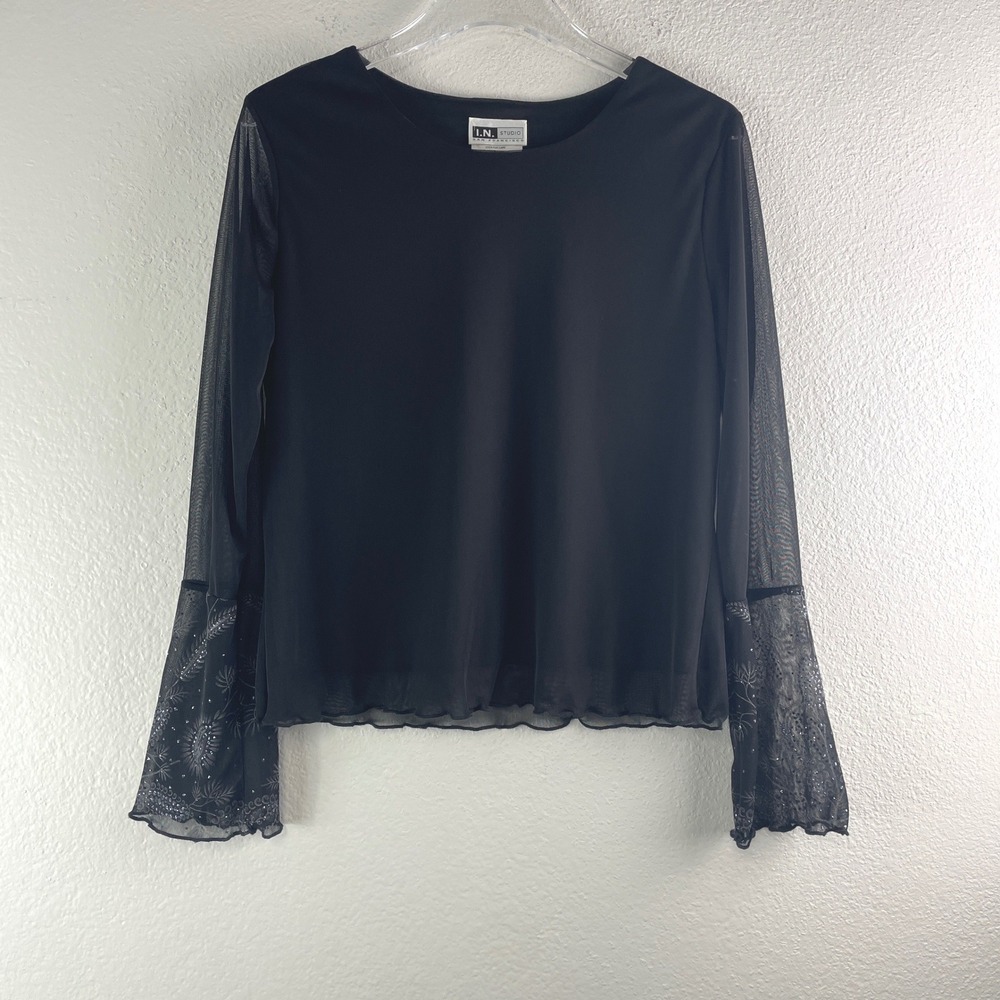 I.N. Studio Top Size Large Black Sheer Mesh Bell Sleeve Whimsigoth Goth Y2K